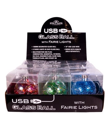 100MM USB Lighted Glass Ball Ornaments, 3 Assorted