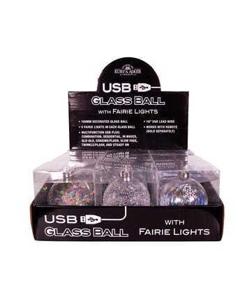 100MM Lighted USB Clear Iridescent Glass Ball Ornaments, 3 Assorted