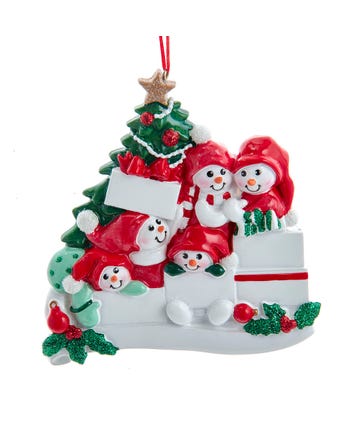 Snowmen Around The Christmas Tree With Gifts Family Of 5 Ornament For Personalization